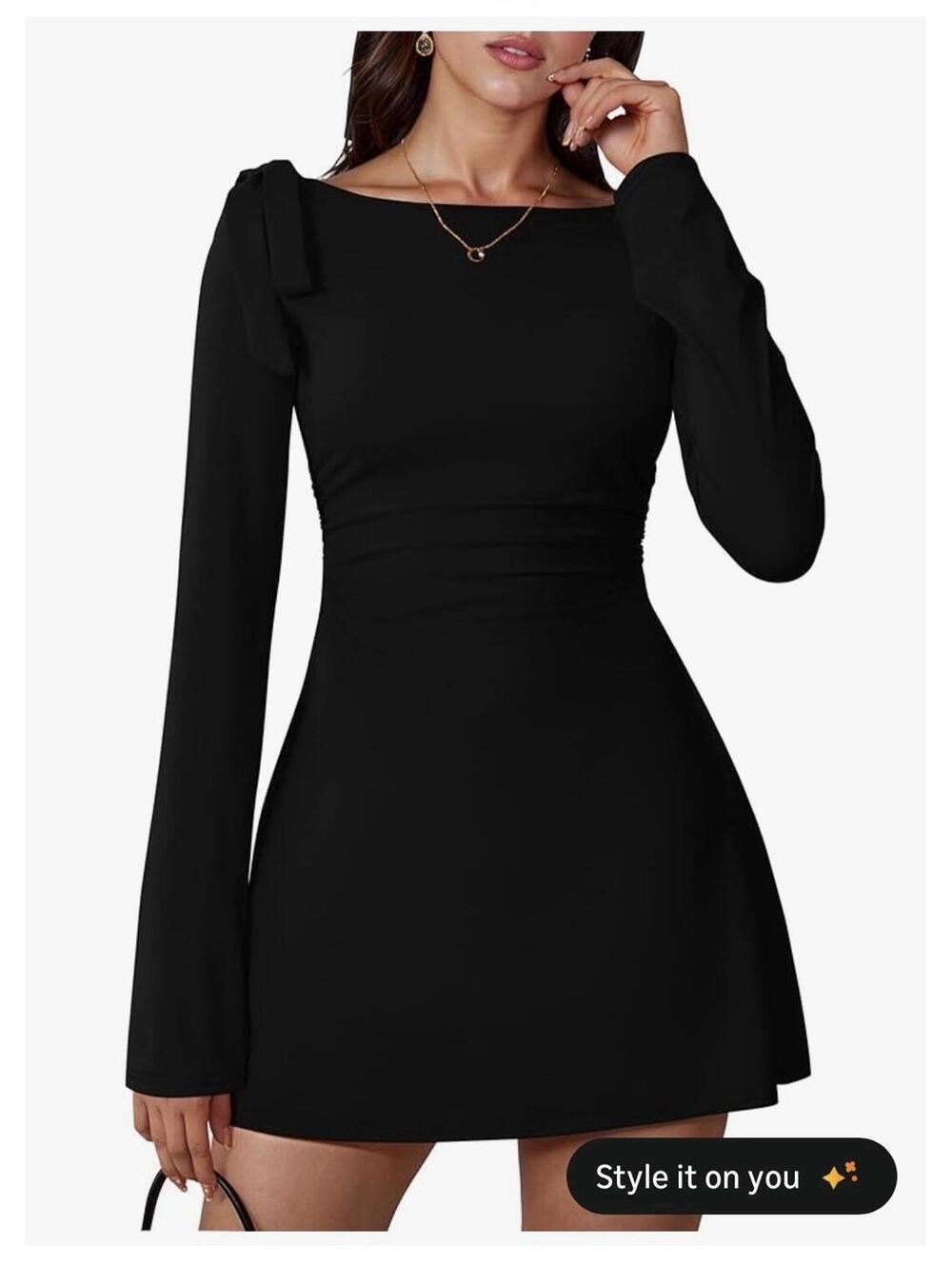 Women's Long Sleeve Boat Neck Bodycon Ruched Elegant Bow Tie Party Mini Dress  S